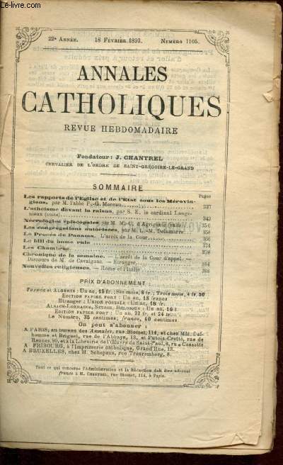 Annales catholiques - 22e anne - 18 fvrier 1893 - n 1105 : Les rapports de l'Eglise et de l'Etat sous les Mrovingiens