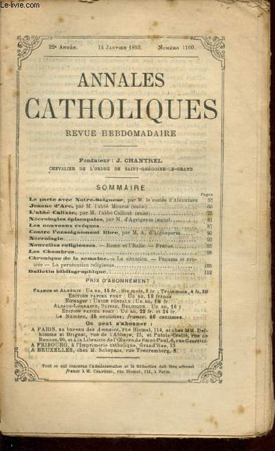 Annales catholiques - 22e anne - 14 janvier 1893 - n1100 : Le pacte avec Notre Seigneur - Jeanne d'Arc - L'abb Calixte - Contre l'enseignement libre