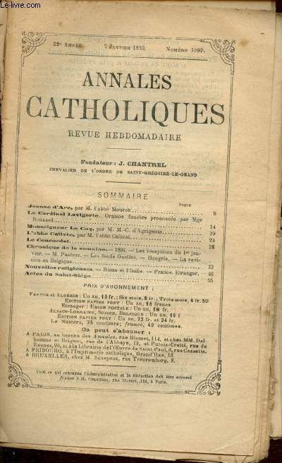 Annales catholiques - 22e anne - 7 janvier 189 - n1099 : Jeanne d'arc - Le Cardinal Lavigerie,oraison funbre prononce par Mgr Baunard - L'abb Calixte
