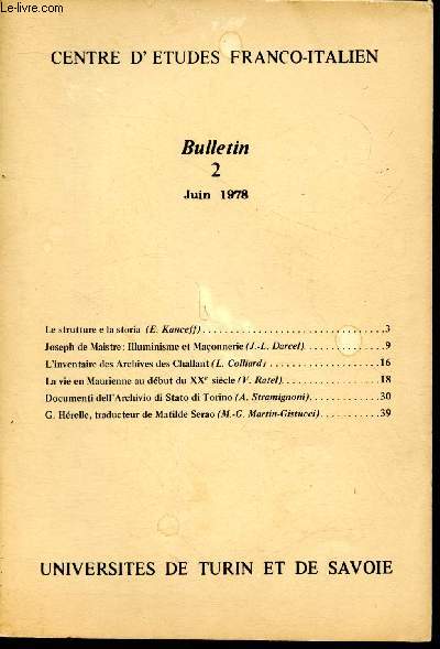 Centre d'tudes franco-italien - Bulletin n2 : Juin 1978 : Joseph de Maistre : Illuminisme et Maonnerie - L'inventaire des Archives des Challant ...