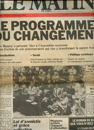 Le matin de Paris n1359 - Jeudi 9 juillet 1981 : le programme du changement