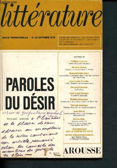 Littrature - n23 - Octobre 1976 : Paroles du dsir : Fabrice, ou la potique du nuage, par Michle Hirsh - Blanc, semblant et vraisembance sur l'incipit de 