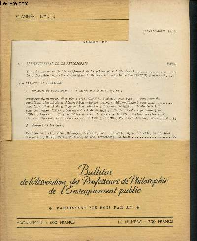 Revue de l'enseignement philosophique n 2 et 3 - 3me anne - Janvier - Mars 1953 : Y a t-il une crise de l'enseignement de la philosophie ?, par Verdenal - La philosophie peut-elle s'enseigner ?, Rponse  l'article de Mme Dreyfus - A propos de l'enqu