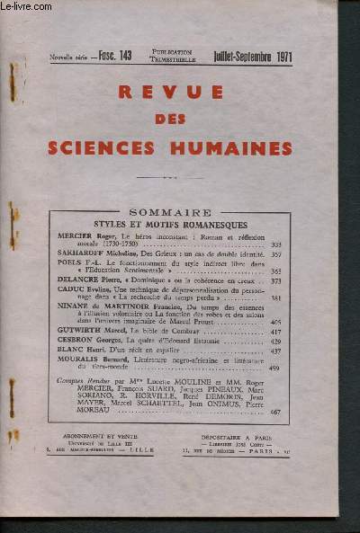 Revue des Sciences Humaines n143 - Juillet- Septembre 1971 : Comptes-Rendus uniquement