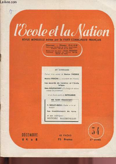L'cole et la Nation - N34 - 4e anne - dcembre 1954 :