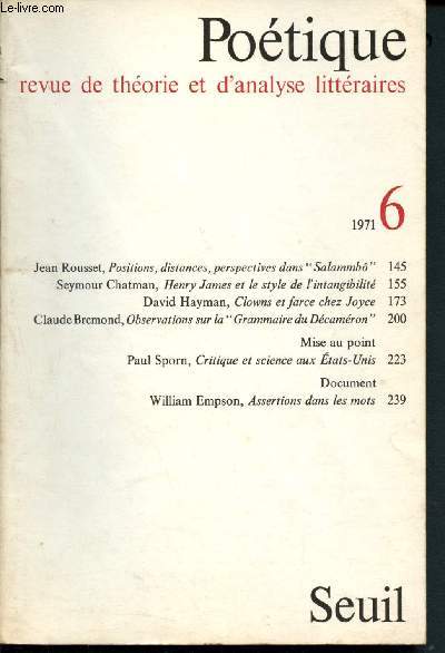 Potique - Revue de thorie et d'analyse littraires n6 -1971 : Positions, distances, perspectives dans 