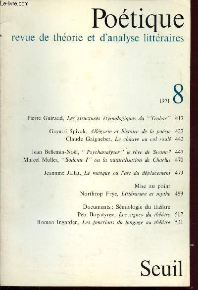 Potique - Revue de thorie et d'analyse littraires n8 - 1971 : Les structure tymologique du 