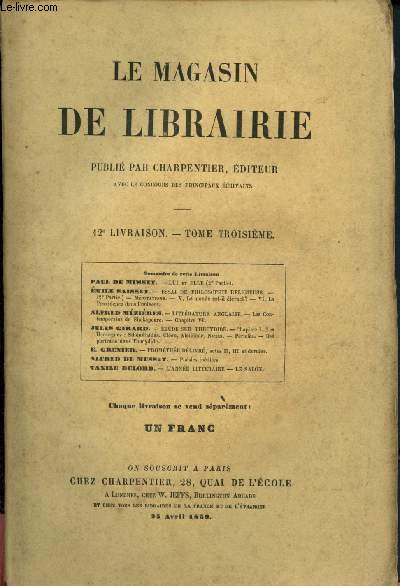Le magasin de librairie - Tome troisicme - 12e livriason - 25 avril 1859 :