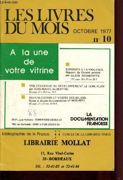 Les livres du mois - Librairie Mollat - Bordeaux : N10 - Octobre 1977 : table mensuelle des nouveautes parues entre le 22 spetembre et le 19 octobre 1977