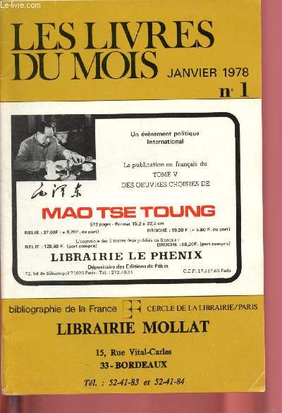 Les livres du mois - Librairie Mollat - Bordeaux : N1 - Janvier 1978 : table mensuelle des nouveautes parues entre le 22 dcembre 1977 et le 18 janvier 1978