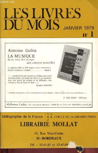 Les livres du mois - Librairie Mollat - Bordeaux : N1 - janvier 1979 : table mensuelle des nouveautes parues entre le 21 dcembre 1978 et le 24 janvier 1979