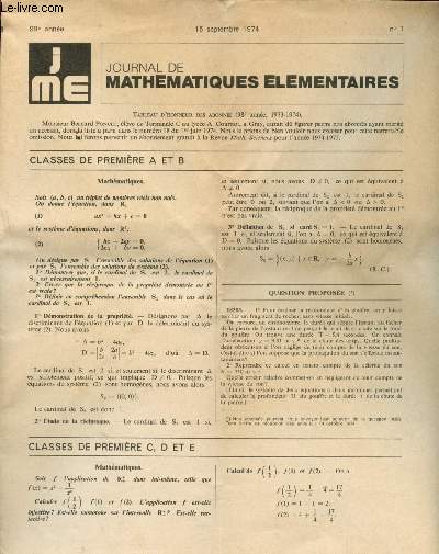 J ME - Journal de Mathmatiques Elmentaires n1 - 99e anne - 15 septembre 1974