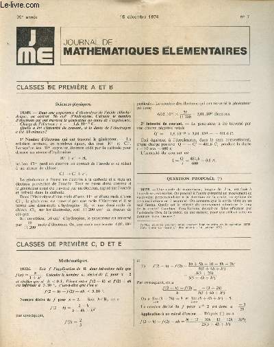 J ME - Journal de Mathmatiques Elmentaires 2 numros : N7, 15 Dcembre 1974 et n10, 1er fvrier 1975 - 99e anne (1974-1975)