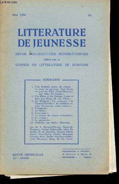 Littrature de jeunesse n96 - Mai 1958 - 10me anne :