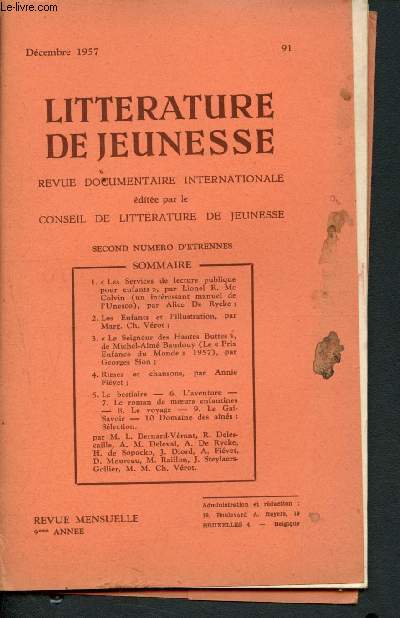 Littrature de jeunesse n91 - Dcembre 1957 - 9me anne : 