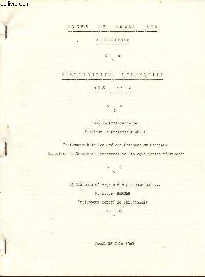 Distribution solennelle de sprix - Lyce de Grand Air - Arcachon - Jeudi 328 Juin 1962