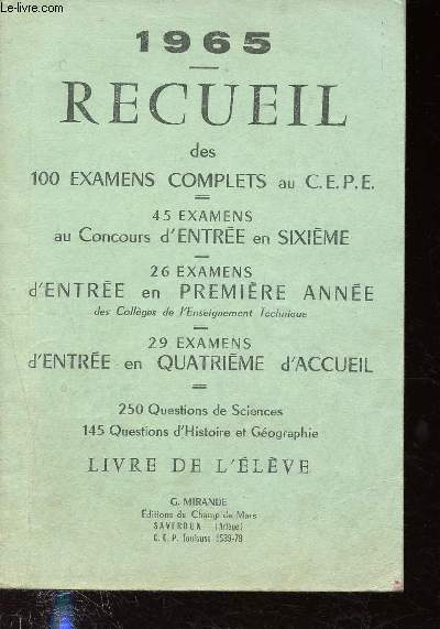 Recueil des 100 examens complets au C.E.P.E. - Livre de l'lve