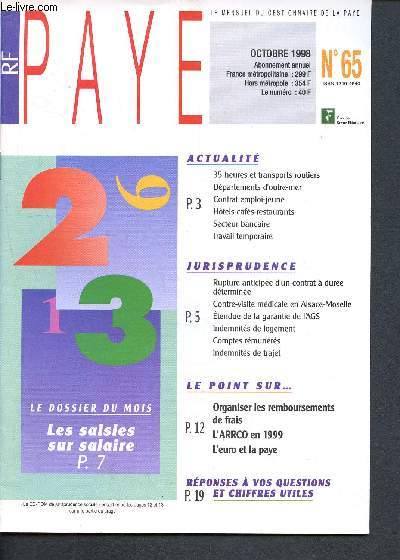 Paye - Rf- octobre 1998 N65 - le mensuel du gestionnaire de la paye - 35h et transport routiers - contrat emploi-jeune - organiser les remboursements de frais - indemnits de logement et de trajet - contre visite mdicale - rupture anticipe d'un contrat