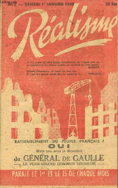 Ralisme- N2 janvier 1949 - le rsistantialisme - la presse franaise et la cure - la saint barthelemy de la presse ou les lettres le theatre le cinma et la radio aux mains du resistantialisme etc.