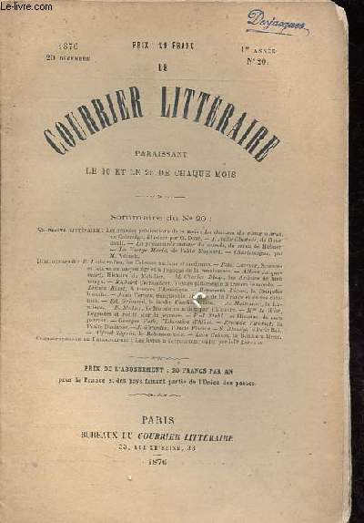 Le courrier littraire n20 1re anne - 20 dcembre 1876 - La chanson du vieux marin - L'Italie illustre - La promenade autour du monde - La Vierge Marie - Charlemagne - Les Colosses anciens et modernes - Sciences et lettres au moyen ge et etc.
