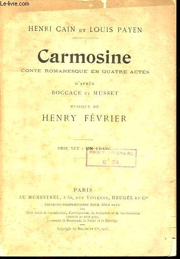 Carmosine - Conte romanesque en quatre actes d'aprs Boccage et Musset.