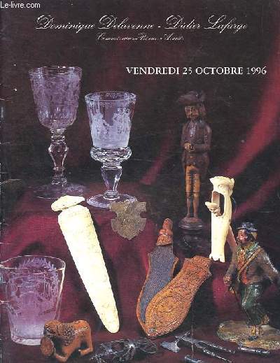 Catalogue de vente aux enchres du 25 octobre 1996 : Ensemble de gobelets et verres  boire europens des XVIIIe & XIXe sicles - Tire-bouchons, outils, objets du fumeur, casse-noisettes, cannes & statuettes - Plaques de petits mtiers & de fonctions.