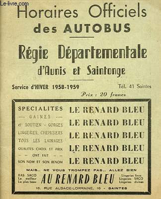 Horaires officiels des autobus - Rgie dpartementale d'Aunis et Saintonge - Service d'hiver 1958-1959.