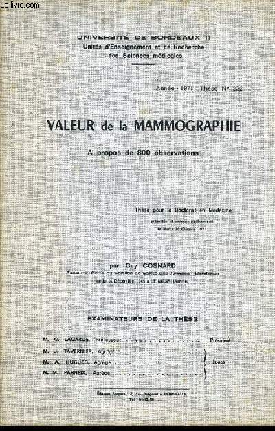 THESE POUR LE DOCTORAT EN MEDECINE : VALEUR DE MAMOGRAPHIE