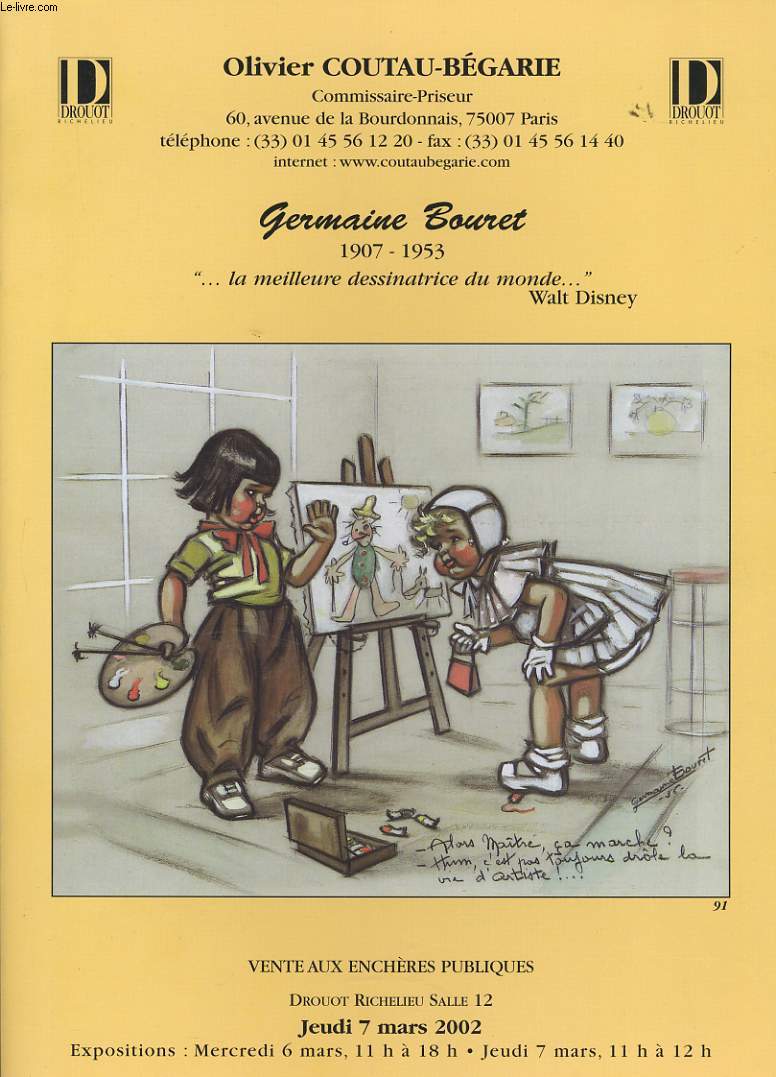 CATALOGUE DE VENTE DE GERMAINE BOURET 1907-1953 la meilleure dessinatrice du monde walt disney le jeudi 7 mars 2002