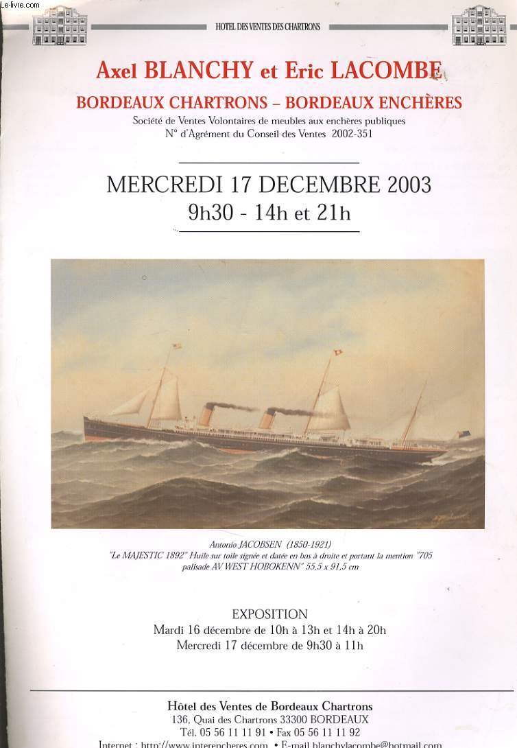 CATALOGUE DE VENTE le mercredi 17 dcembre 2003  l'htel des ventes de Bordeaux
