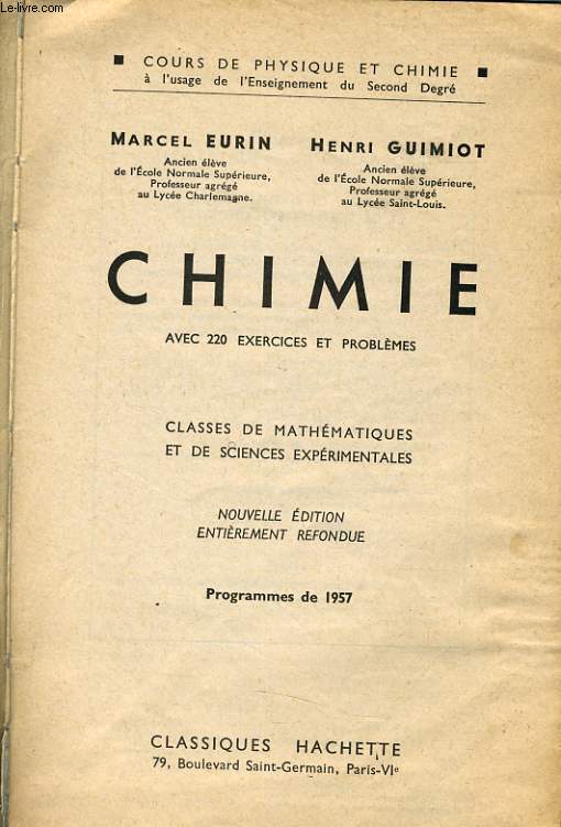 CHIMIE classes de mathmatiques et de sciences exprimentales programme 1957