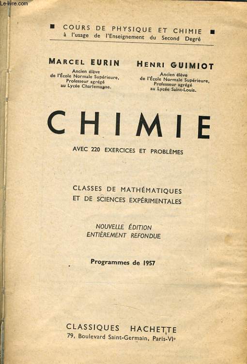 CHIMIE classes de mathmatiques et de sciences exprimentales programme 1957