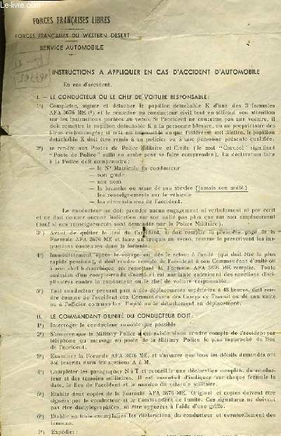 FORCES FRANCAISE LIBRES - FORCES FRANCAISE DU WESTER DESERT - SERVICE AUTOMOBILE - instruction a appliquer en cas d'accident d'automobile (feuillet d'information)