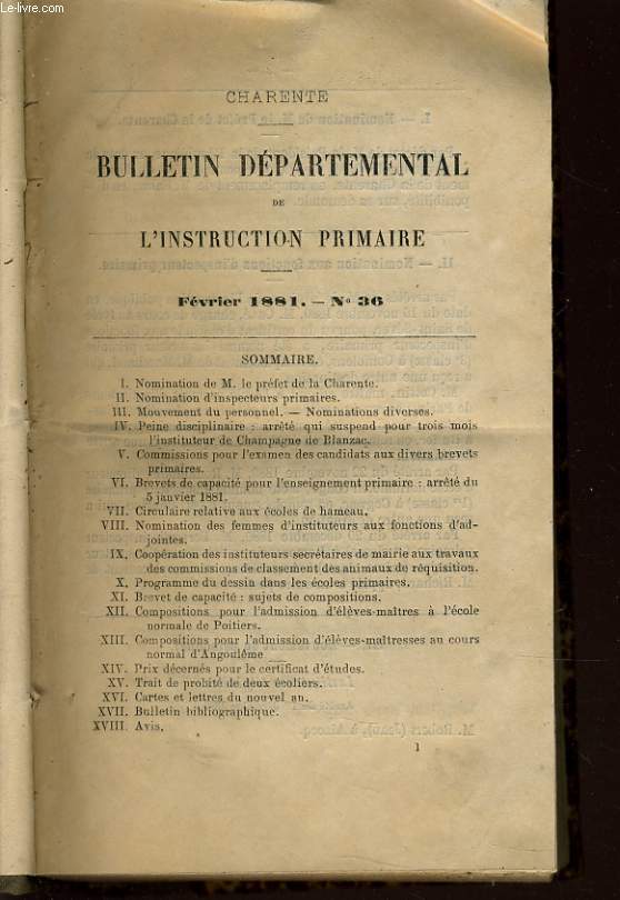 BULLETIN DEPARTEMENTALE DE L'INSTRUCTION PRIMAIRE DE LA CHARENTE - 1881 n36,37,38,39/1882 n40,41,43,44/1883 n46,48,49/1884 n50,51,,52,53/1885 n54