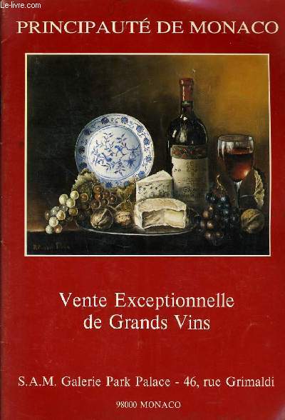 CATALOGUE DE VENTE AUX ENCHERES : Grand Vins de bordeaux, Bourgogne, et divers vieux cognac  l'hotel Beach Plaza