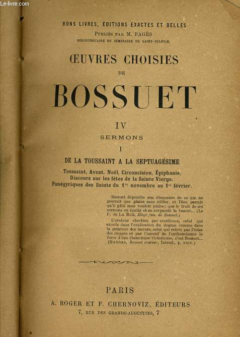 OEUVRES CHOISIES DE BOSSUET IV sermons 1 de la toussaint  l aseptuagsime