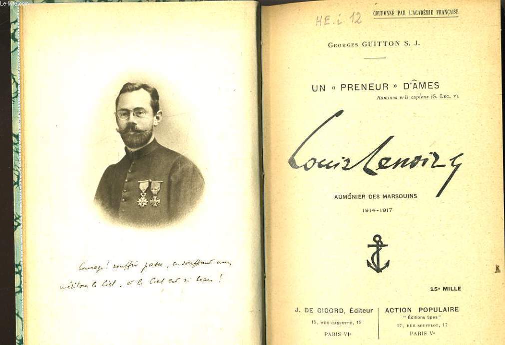 UN PRENEUR D'MES LOUIS LENOIR (aumonier des marsouins 1914-1917)