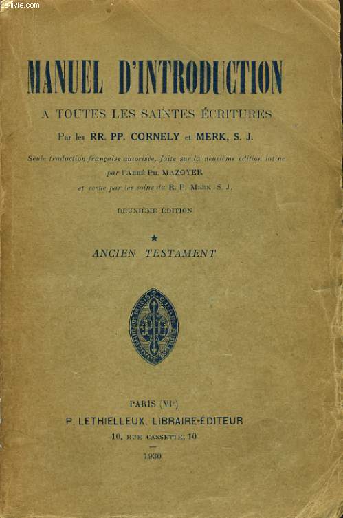 MANUEL D'INTRODUCTION a toutes les saintes critures - Ancien testament