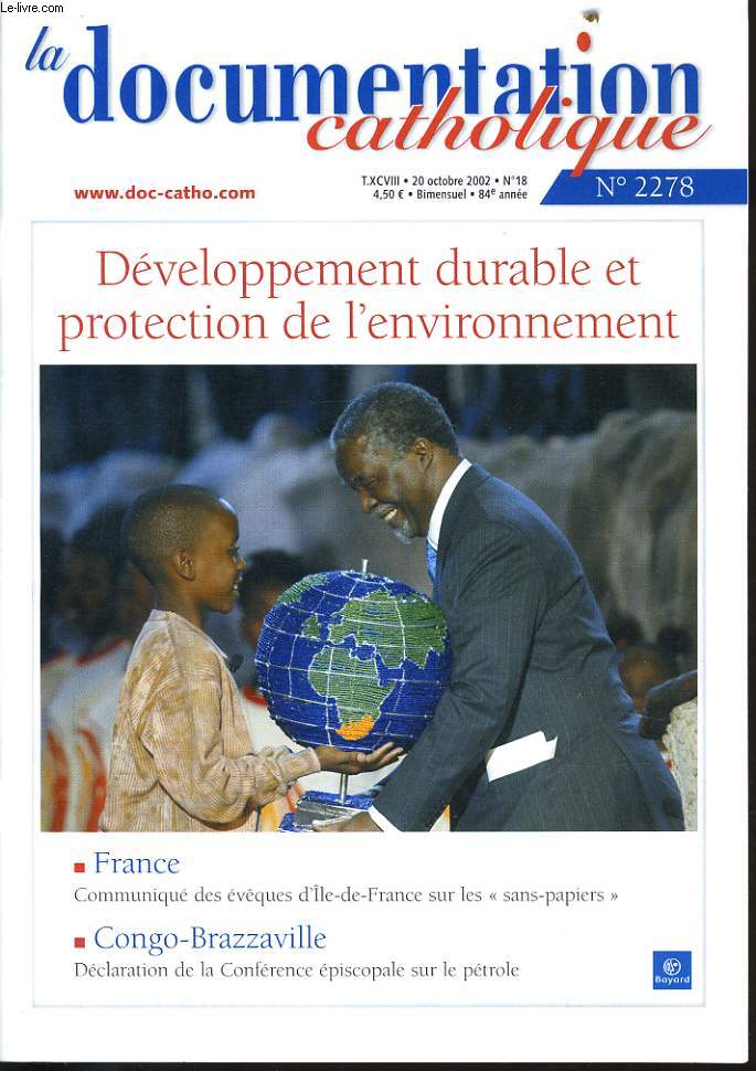 LA DOCUMENTATION CATHOLIQUE n2278 : Dveloppement durable et protection de l'environnement,