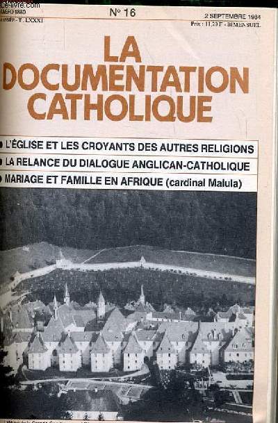 LA DOCUMENTATION CATHOLIQUE n 16 : L'glise et les croyants des autres religions - La relance du dialogue anglican-catholique - Mariage et famille en Afrique (Cardinal Malula)