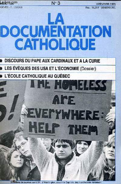 LA DOCUMENTATION CATHOLIQUE n 3 : Discours du Pape aux cardinaux et a la curie - Les vques des USA et l'conomie (Dossier) - Lcole catholique au Quebec -