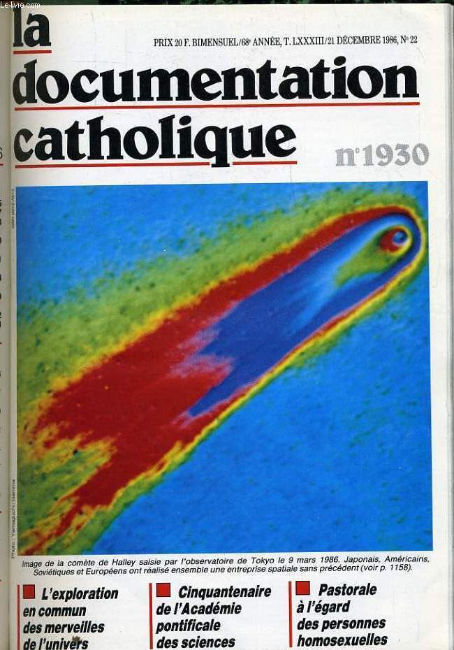 LA DOCUMENTATION CATHOLIQUE n 22 : L'exploration en commun des merveilles de l'univers - Cinquantenaire de l'acadmie pontificale de sciences - Pastorale  l'gard des personnes homosexuelles