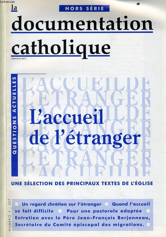 LA DOCUMENTATION CATHOLIQUE hors srie : L'accueil de l'tranger