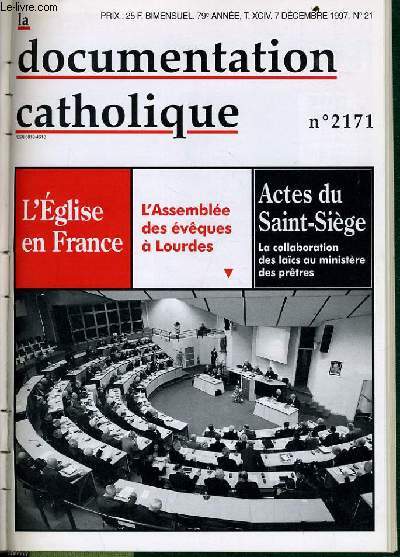 LA DOCUMENTATION CATHOLIQUE n 21 : L'assemble des vques  Lourdes - Actes du Saint Sige la collaboration des laics au ministre des prtres