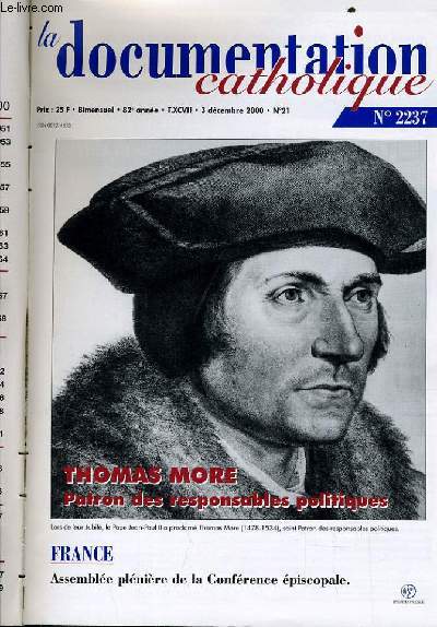 LA DOCUMENTATION CATHOLIQUE n 21 : Thomas More patron des responsables politiques - France : Assemble plnire de la Confrence piscopale
