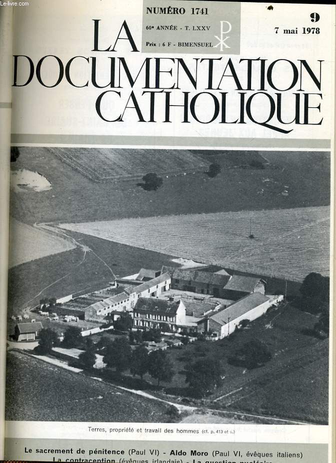 LA DOCUMENTATION CATHOLIQUE n 9 : Le sacrement de pnitence - ALdo Moro - La concentration - La question nuclaire