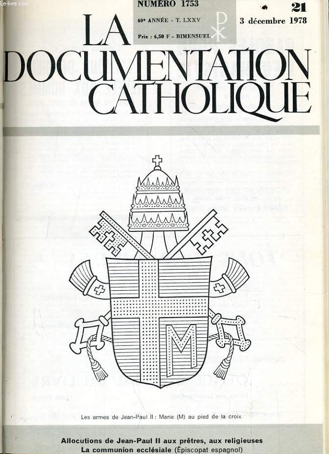 LA DOCUMENTATION CATHOLIQUE n 21 : Allocutions de Jean Paul II aux prtres, aux religieuses - La communion ecclsiale