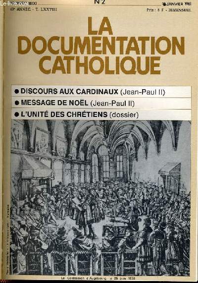 LA DOCUMENTATION CATHOLIQUE n 2 : Discours aux cardinaux - Message de Nol - L'unit des Chrtiens