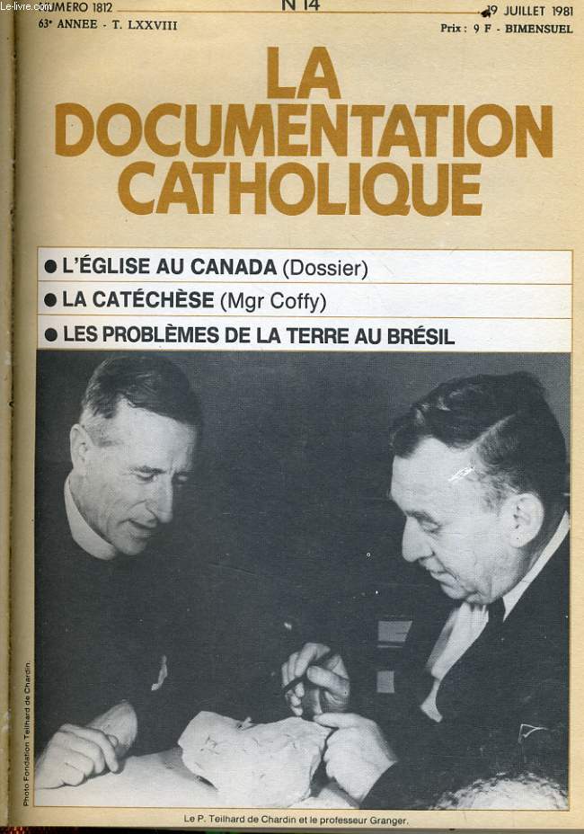 LA DOCUMENTATION CATHOLIQUE n 14 : L'glise au canada - La catchse - Les problmes de la terre au Brsil