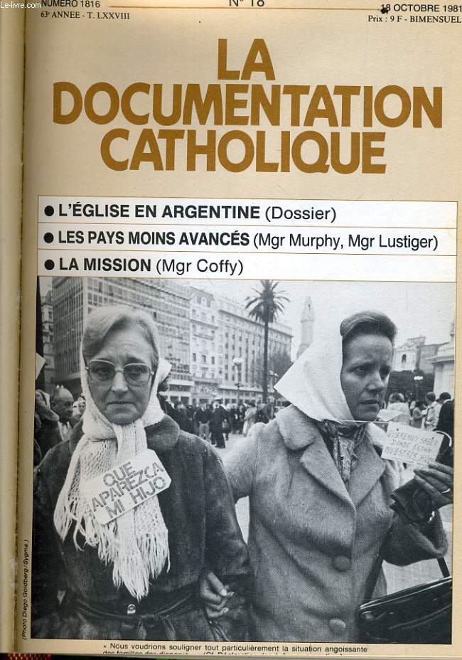 LA DOCUMENTATION CATHOLIQUE n 18 : L'glise en argentine - Les pays moins avancs - La mission